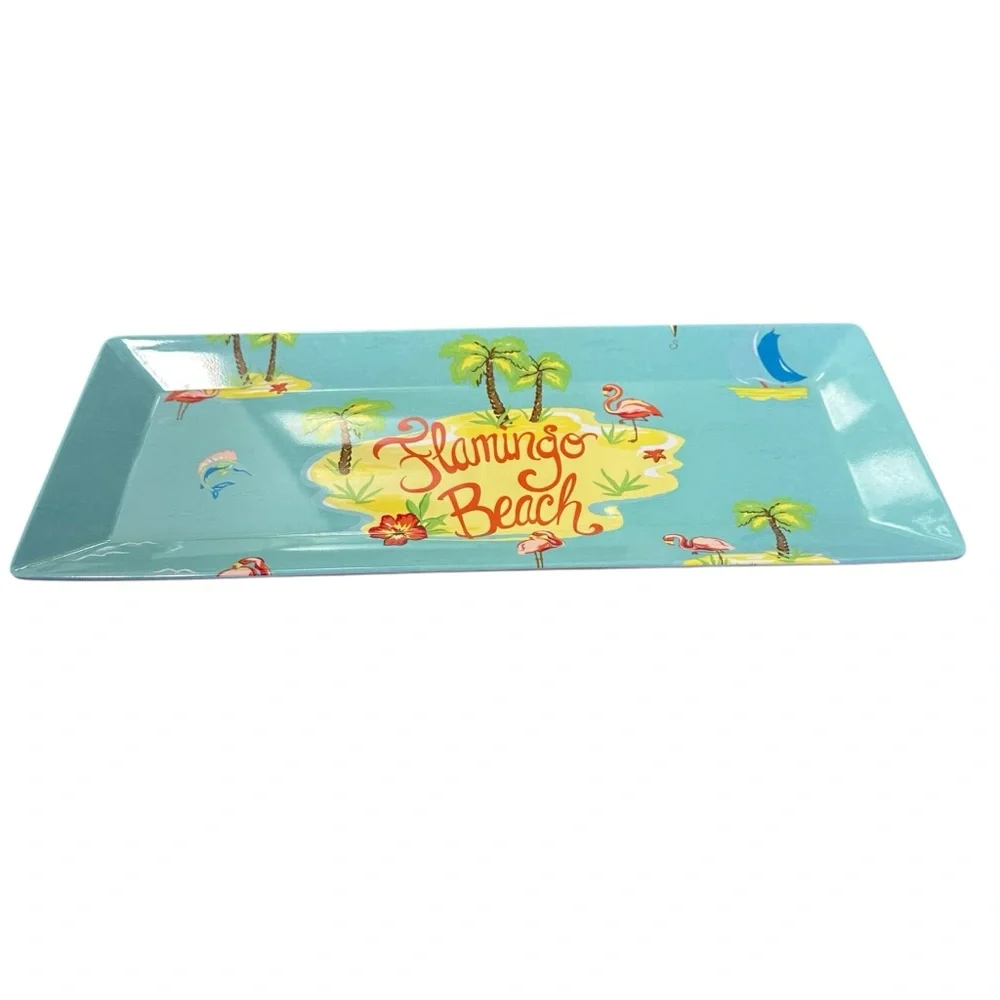 Pink‎ Flamingo Tropical Beach Serving Tray 19x8” Blue Melamine Plastic Platter
